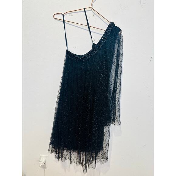 MAC DUGGAL Black One Shoulder Embellished Tulle Mini Party Formal Gown Dress 4 - Picture 2 of 16